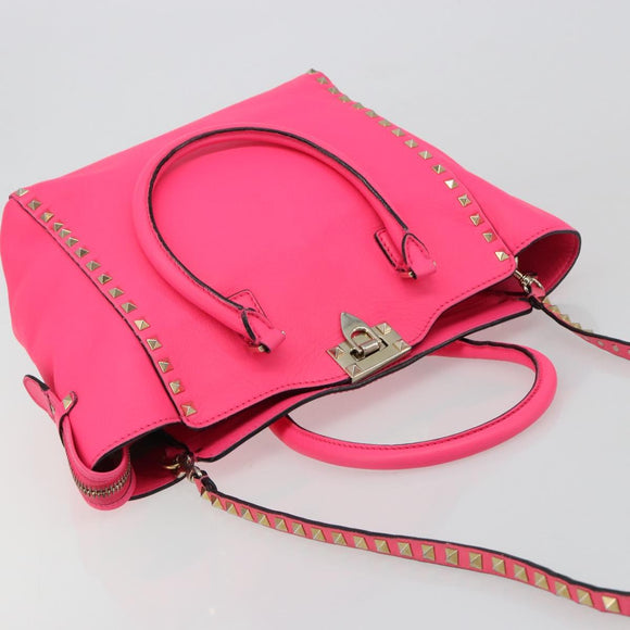 VALENTINO Studs Tote Bag Leder 2way Pink Gold Auth BA13319