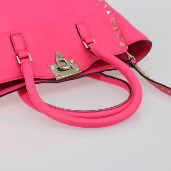 VALENTINO Studs Tote Bag Leather 2way Pink Gold Auth BA13319
