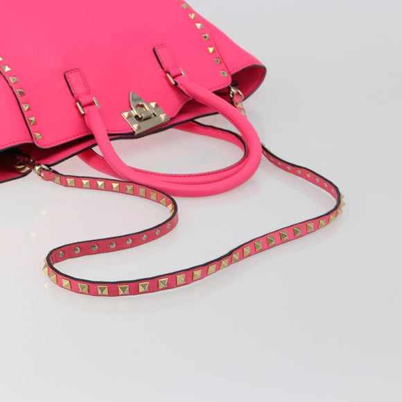 VALENTINO Studs Tote Bag Leather 2way Pink Gold Auth BA13319