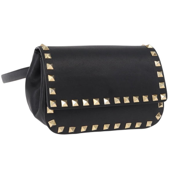 VALENTINO Studs Waist bag Leather Black Gold Auth BA13324A