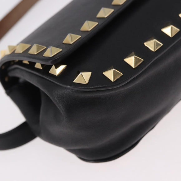 VALENTINO Studs Waist bag Leather Black Gold Auth BA13324A