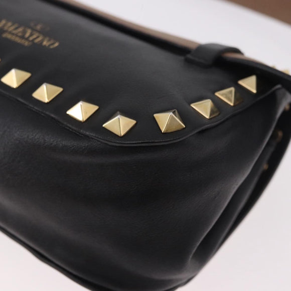 VALENTINO Studs Waist bag Leather Black Gold Auth BA13324A