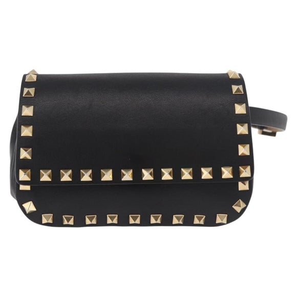 VALENTINO Studs Waist bag Leather Black Gold Auth BA13324A