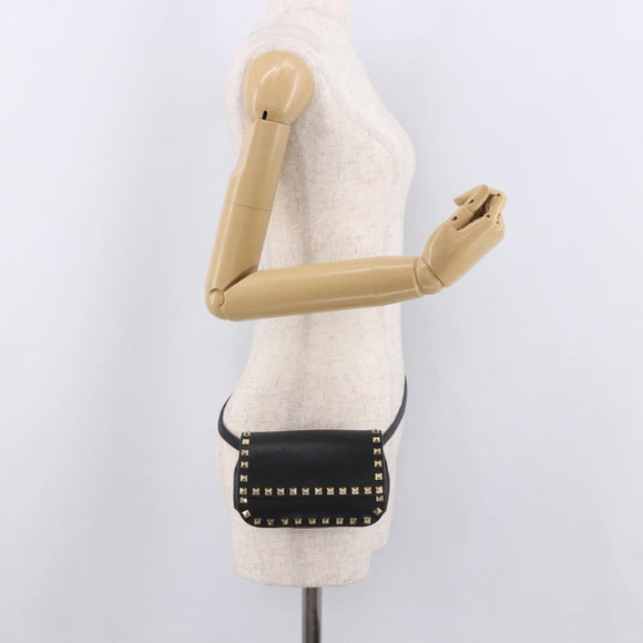 VALENTINO Studs Waist bag Leather Black Gold Auth BA13324A