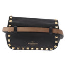 VALENTINO Studs Waist bag Leather Black Gold Auth BA13324A-2