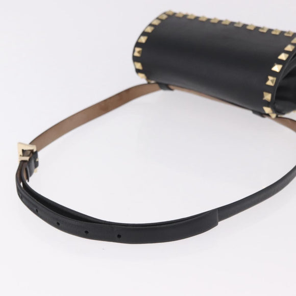VALENTINO Studs Waist bag Leather Black Gold Auth BA13324A