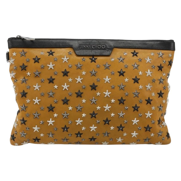 Jimmy Choo Clutch Bag Leather Brown Silver Auth BA13325