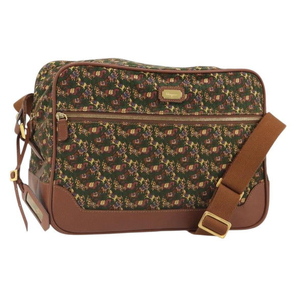 Salvatore Ferragamo Schoudertas Canvas Groen Goud Auth BA13340A