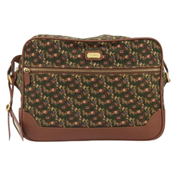 Salvatore Ferragamo Schoudertas Canvas Groen Goud Auth BA13340A
