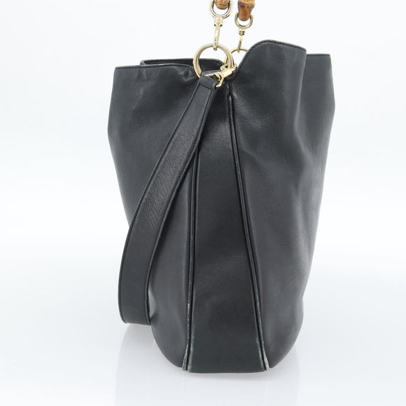 GUCCI Bamboo Shoulder Bag Leather 2way Black Gold 001 1577 3444 Auth BA13349