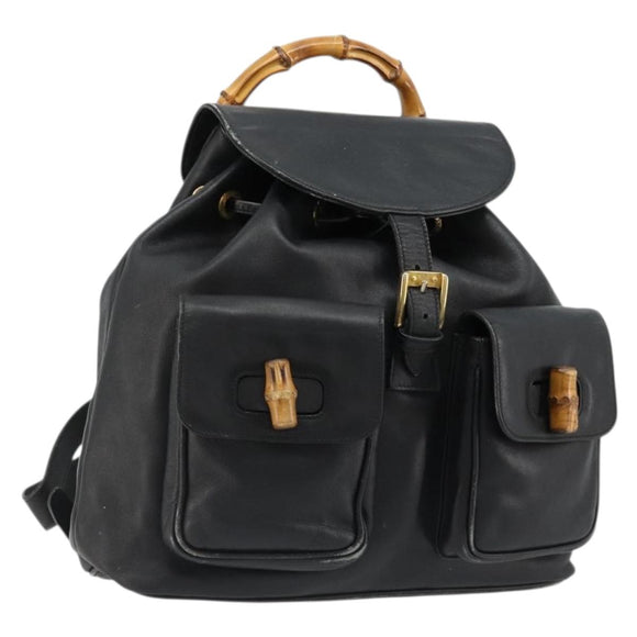 GUCCI Bamboo Backpack Leather Black Gold 003 2058 0016 Auth BA13350