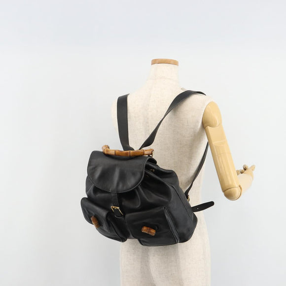 GUCCI Bamboo Backpack Leather Black Gold 003 2058 0016 Auth BA13350