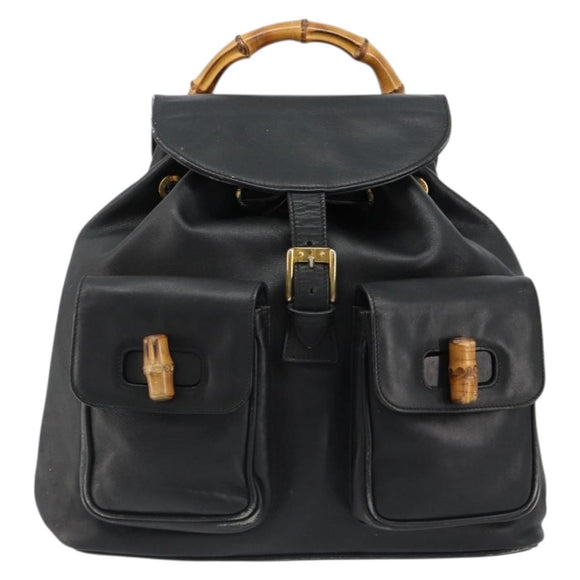 GUCCI Bamboo Backpack Leather Black Gold 003 2058 0016 Auth BA13350