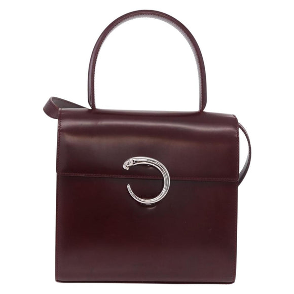 CARTIER Hand Bag Leather 2way Bordeaux Silver Auth BA13356V