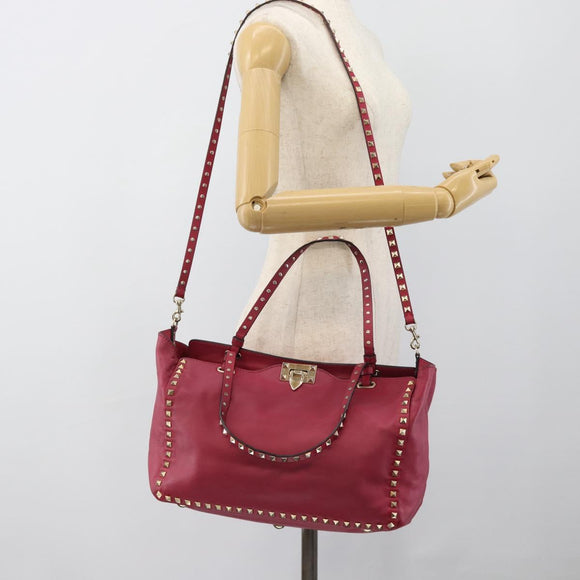 VALENTINO Studs Tote Bag Leather 2way Pink Gold Auth BA13360