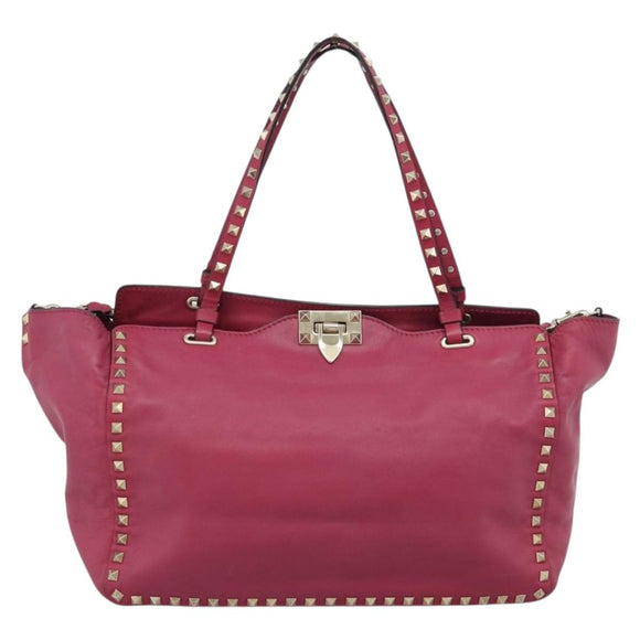 VALENTINO Studs Tote Bag Leather 2way Pink Gold Auth BA13360