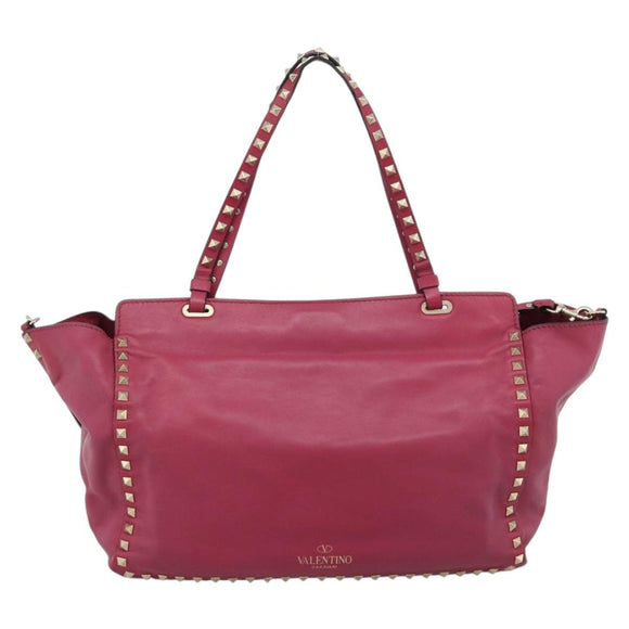 VALENTINO Studs Tote Bag Leather 2way Pink Gold Auth BA13360