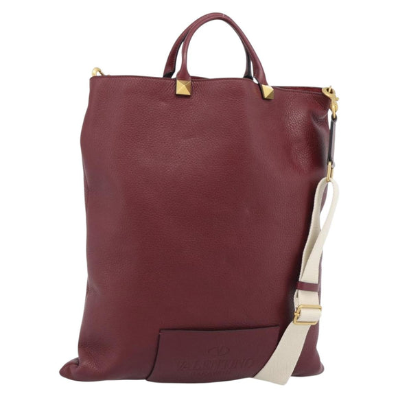 VALENTINO Tote Bag Leather 2way Bordeaux Gold Auth BA13367A