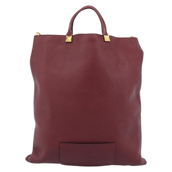 VALENTINO Tote Bag Leather 2way Bordeaux Gold Auth BA13367A