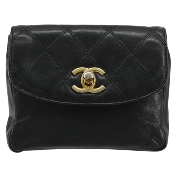 CHANEL Bicolore Waist bag Lamb Skin Black Gold CC Auth BA13369