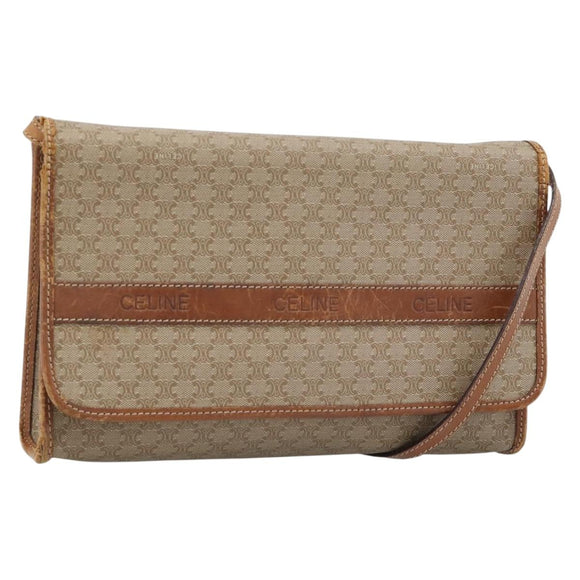 CELINE Macadam Canvas Schoudertas PVC Beige Goud Auth BA13377