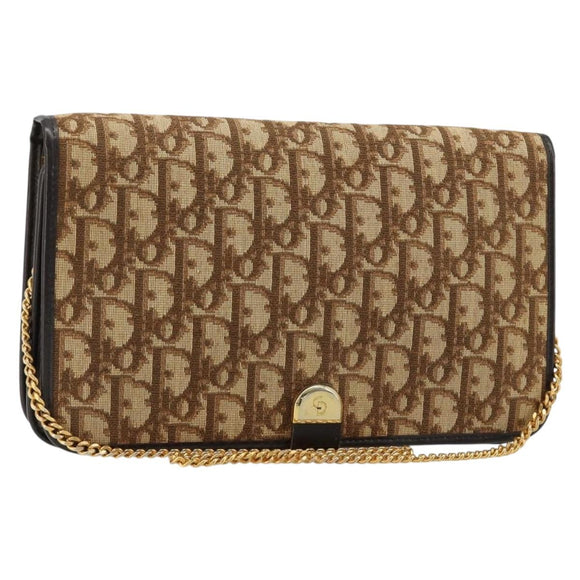 Christian Dior Trotter Canvas Chain Shoulder Bag Beige Gold Auth BA13378