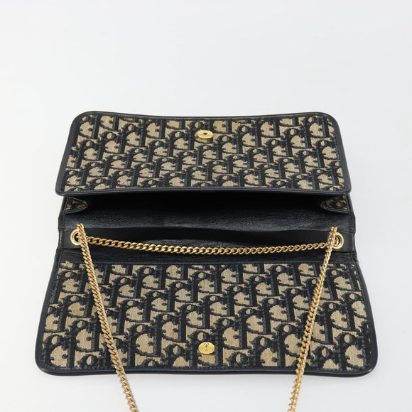 Christian Dior Trotter Canvas Chain Shoulder Bag Navy Gold Auth BA13379