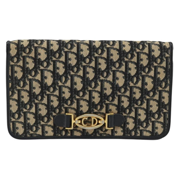 Christian Dior Trotter Canvas Chain Shoulder Bag Navy Gold Auth BA13379