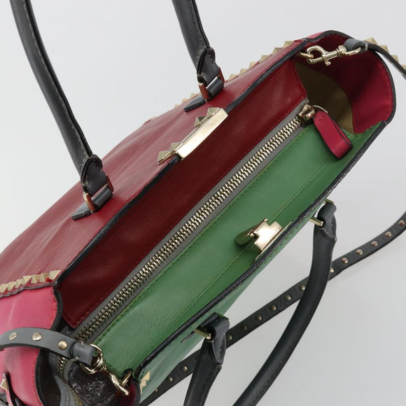 VALENTINO Studs Tote Bag Leather 2way Red Gold Auth BA13391A