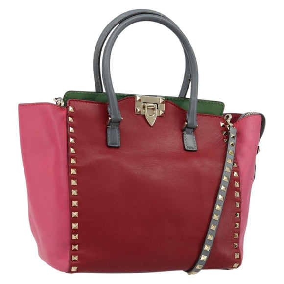 VALENTINO Studs Tote Bag Leather 2way Red Gold Auth BA13391A