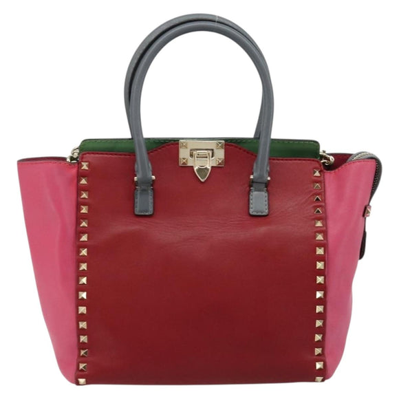 VALENTINO Studs Tote Bag Leather 2way Red Gold Auth BA13391A