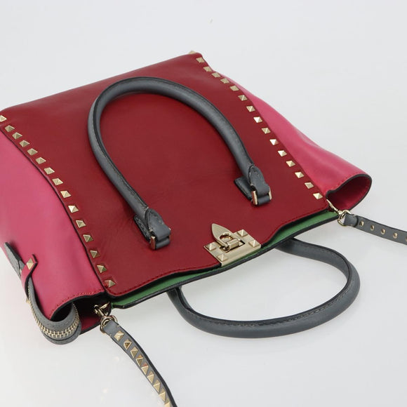 VALENTINO Studs Tote Bag Leather 2way Red Gold Auth BA13391A