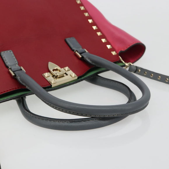 VALENTINO Studs Tote Bag Leather 2way Red Gold Auth BA13391A