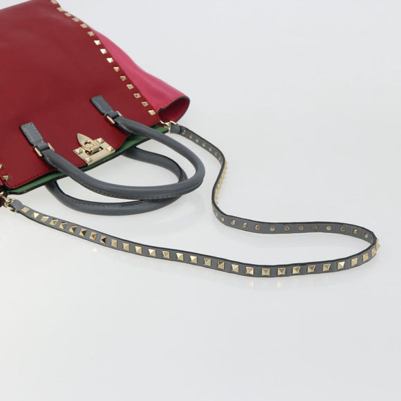 VALENTINO Studs Tote Bag Leather 2way Red Gold Auth BA13391A