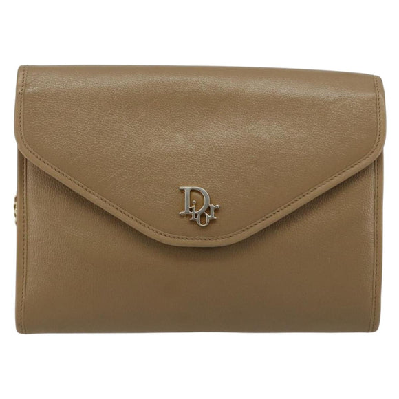 Christian Dior Chain Shoulder Bag Leather Beige Gold Auth BA13392