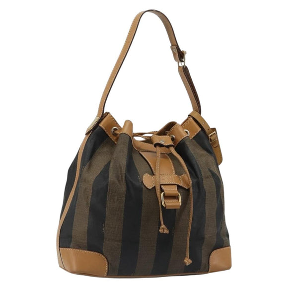 FENDI Pecan Canvas Purse Shoulder Bag PVC Brown Gold Auth BA13394