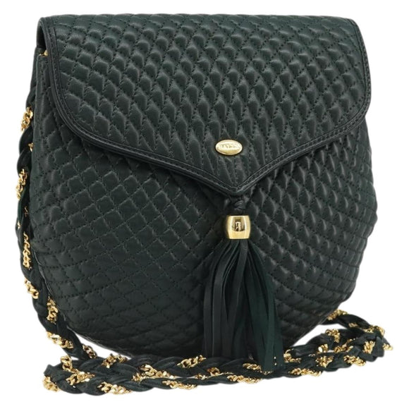 BALLY Chain Shoulder Bag Leather Green Gold Auth BA13399A