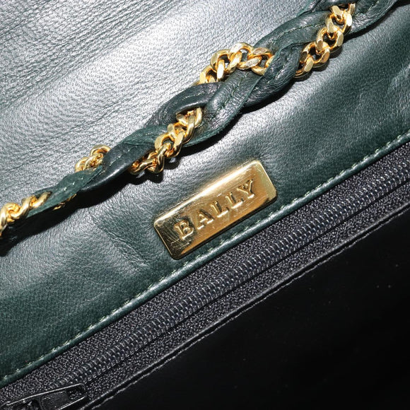 BALLY Chain Shoulder Bag Leather Green Gold Auth BA13399A