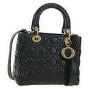 Christian Dior Lady Dior Hand Bag Lamb Skin 2way Black Gold Auth BA13408V-1