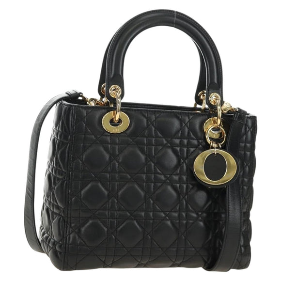 Christian Dior Lady Dior Hand Bag Lamb Skin 2way Black Gold Auth BA13408V