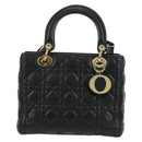 Christian Dior Lady Dior Hand Bag Lamb Skin 2way Black Gold Auth BA13408V-13