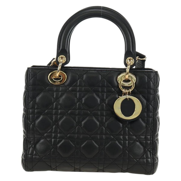 Christian Dior Lady Dior Hand Bag Lamb Skin 2way Black Gold Auth BA13408V