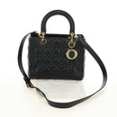 Christian Dior Lady Dior Hand Bag Lamb Skin 2way Black Gold Auth BA13408V-12
