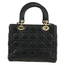 Christian Dior Lady Dior Hand Bag Lamb Skin 2way Black Gold Auth BA13408V-2