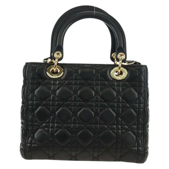 Christian Dior Lady Dior Hand Bag Lamb Skin 2way Black Gold Auth BA13408V