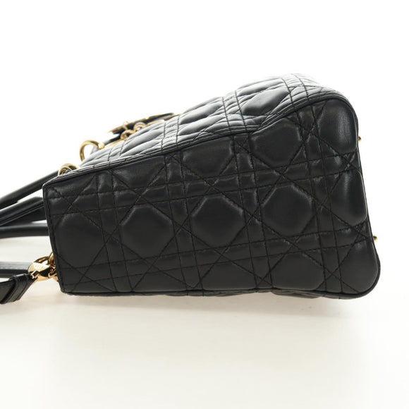 Christian Dior Lady Dior Hand Bag Lamb Skin 2way Black Gold Auth BA13408V