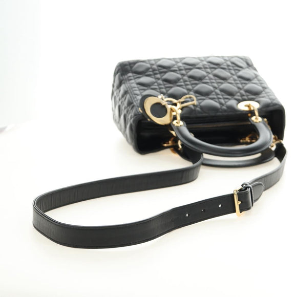 Christian Dior Lady Dior Hand Bag Lamb Skin 2way Black Gold Auth BA13408V