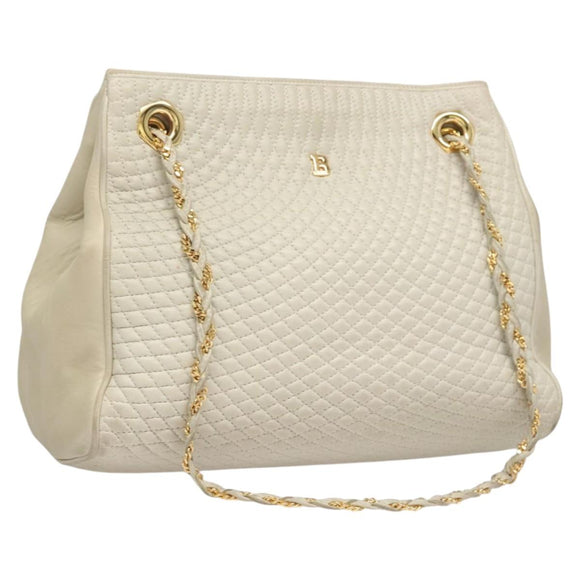 BALLY Quilted Chain Shoulder Bag Leather Gray Gold Auth BA1341