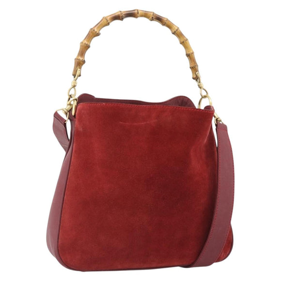 GUCCI Bamboo Hand Bag Suede 2way Red Gold Auth BA13410