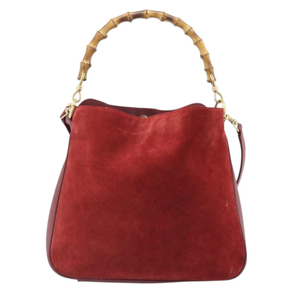 GUCCI Bamboo Hand Bag Suede 2way Red Gold Auth BA13410